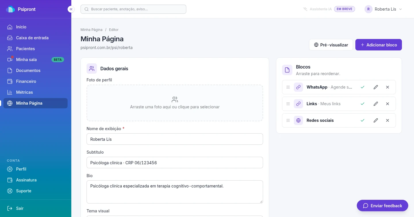 Editor da página profissional no Psipront, com os blocos de conteúdo