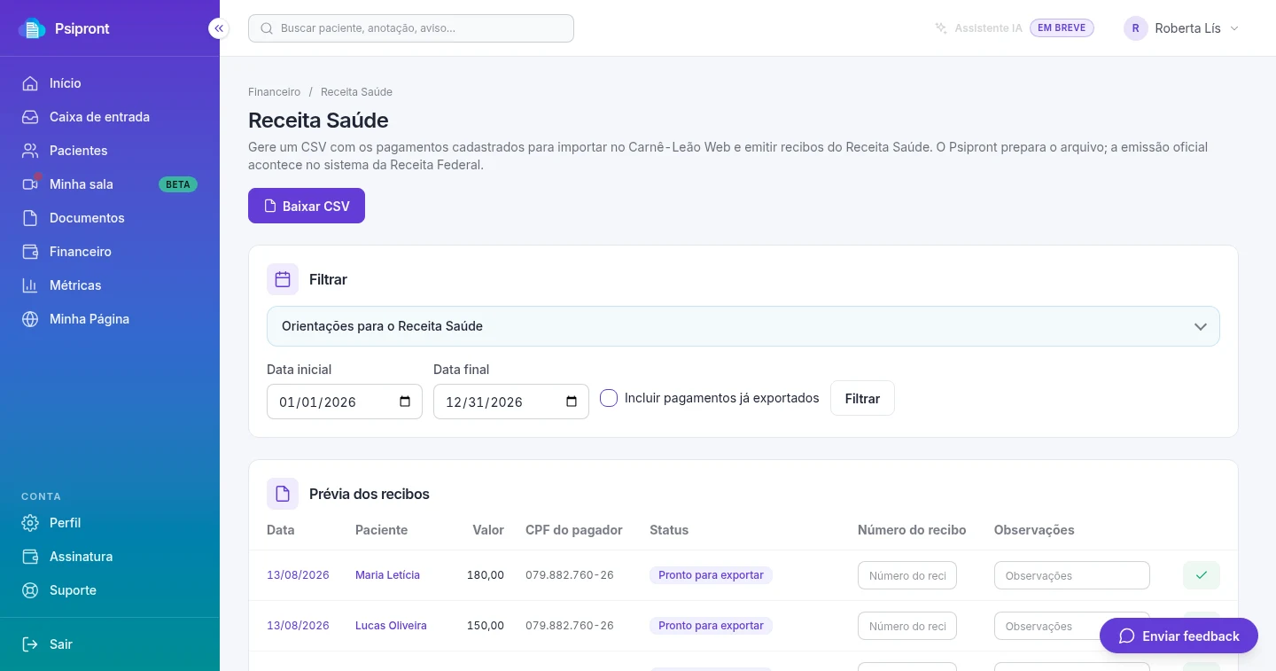 Assistente Receita Saúde do Psipront, com os pagamentos do ano prontos para exportar