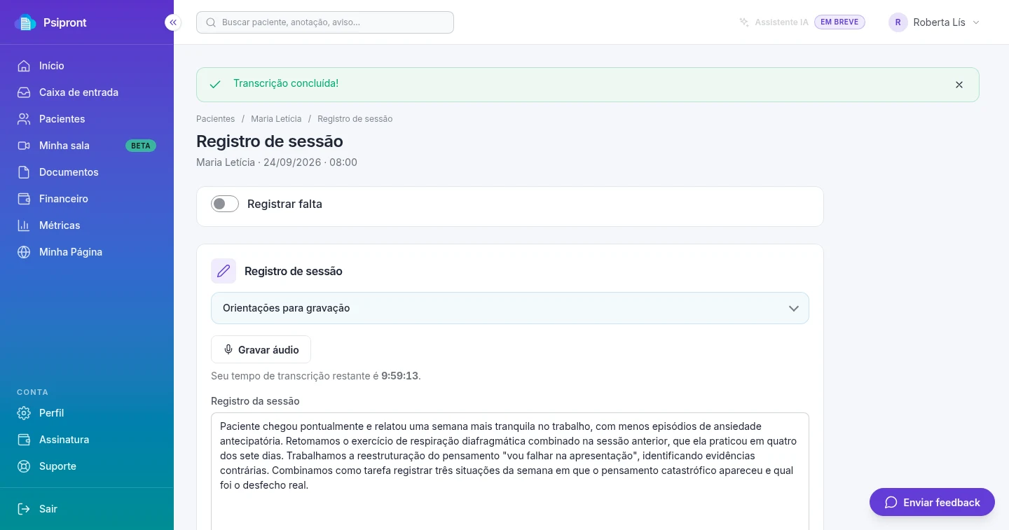 Transcrição de registro de sessão com IA