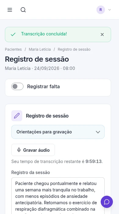 Transcrição de registro de sessão com IA em dispositivo mobile