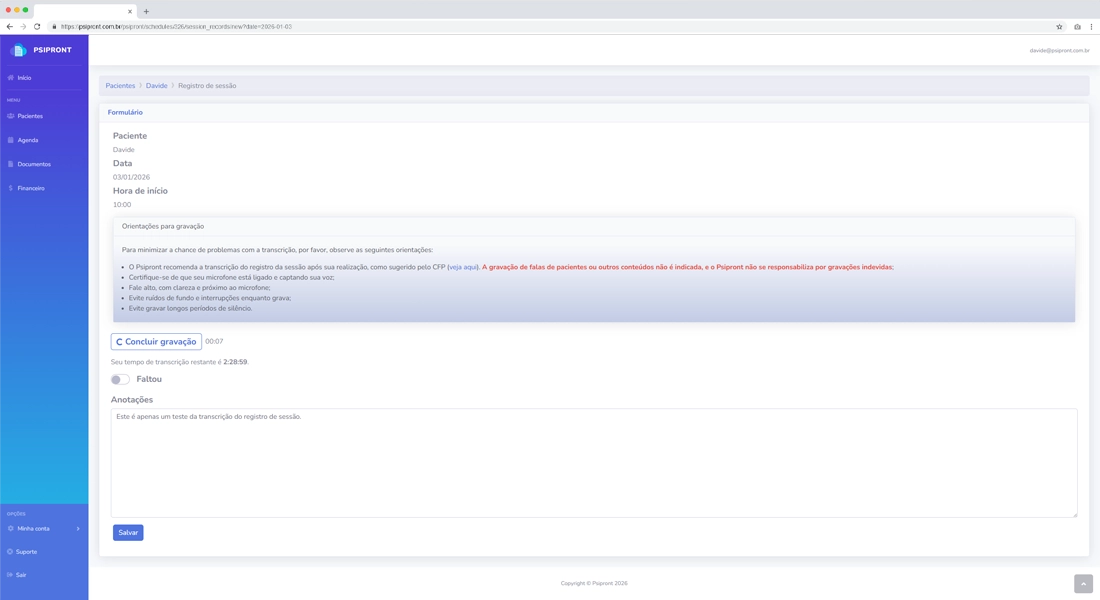 Transcrição de registro de sessão com IA